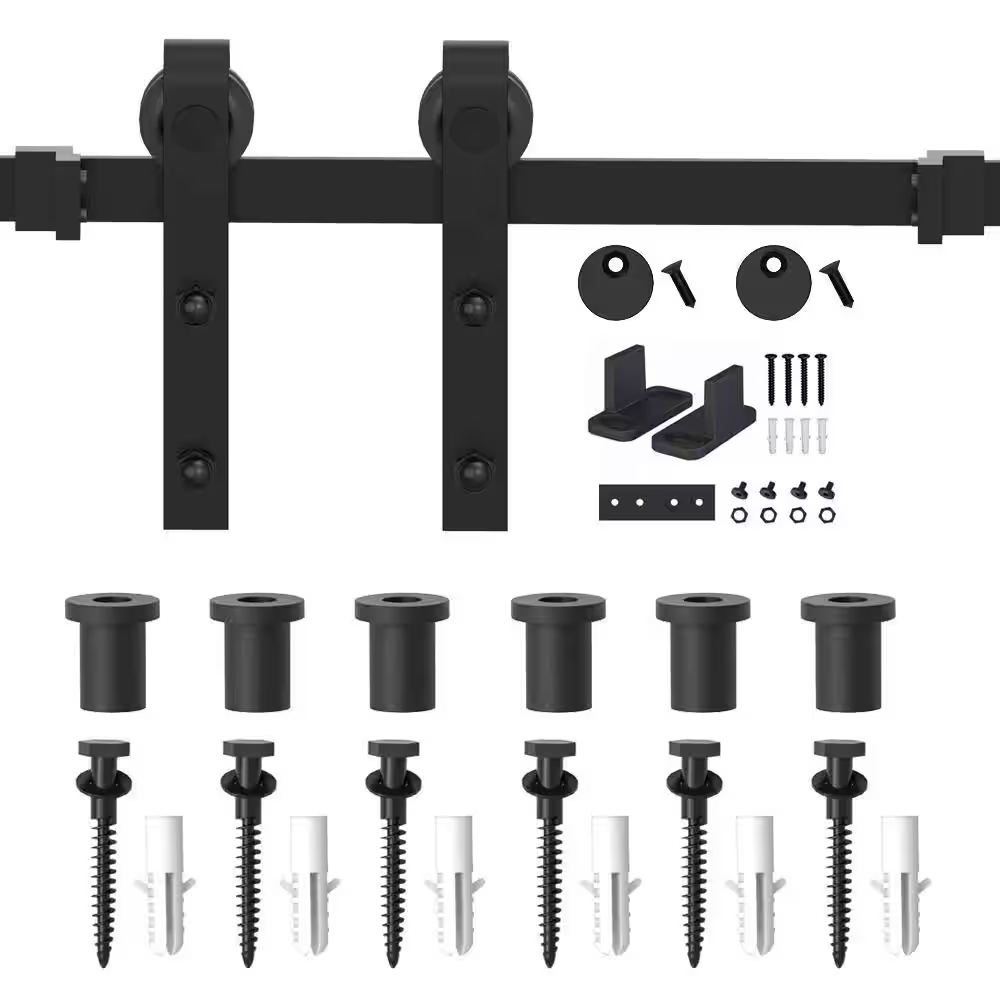 8 Ft Frosted Black Sliding Barn Door Track Hardware Kit for Single Wood Doors