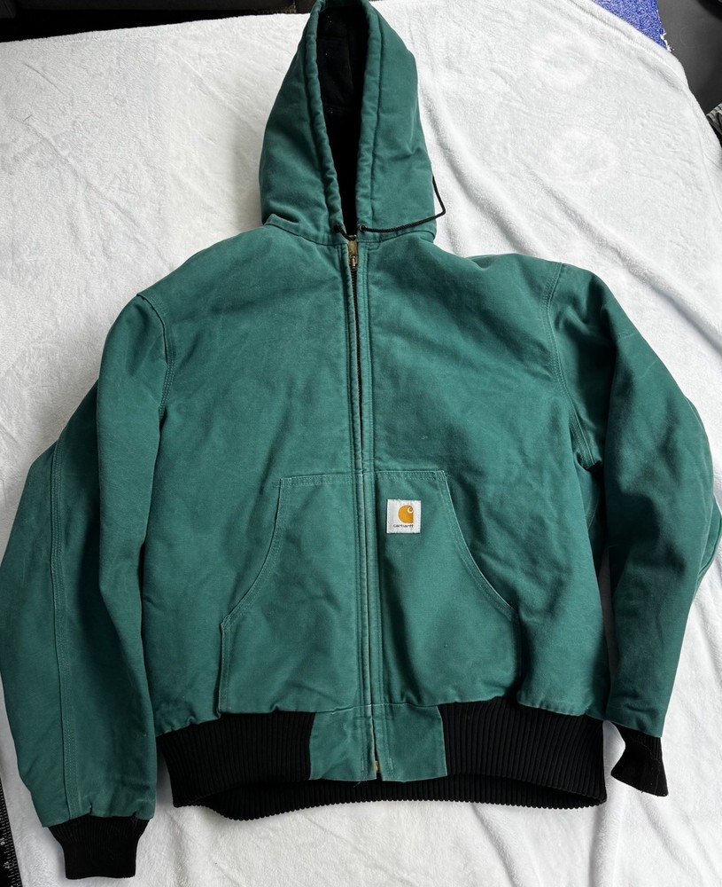 Vintage Carhartt J04 Aqua Canvas Quilt-Lined Hooded Jacket Teal USA Size Large