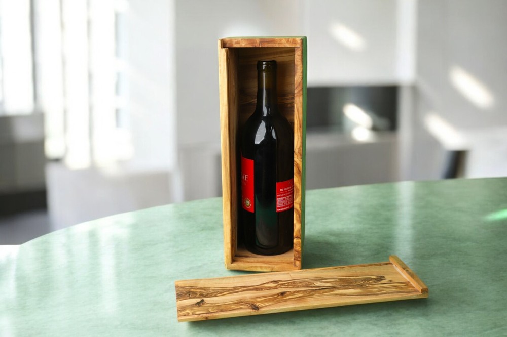 Handmade Rustic Olive Wood Wine Bottle Box with Lid – Unique Storage Gift