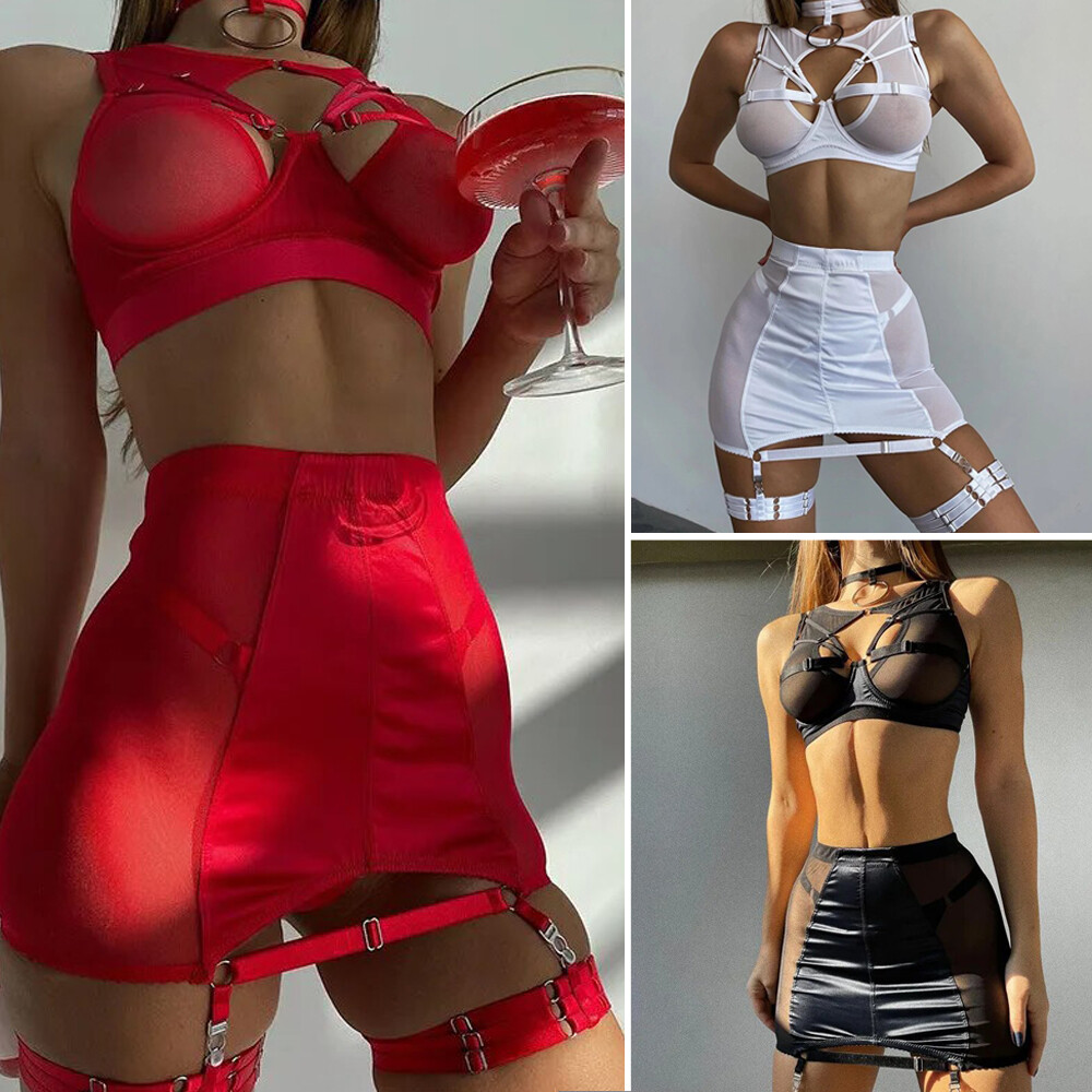 Sexy Women's Bandage Bodysuit Set with Choker Teddy Babydoll Lingerie Nightwear