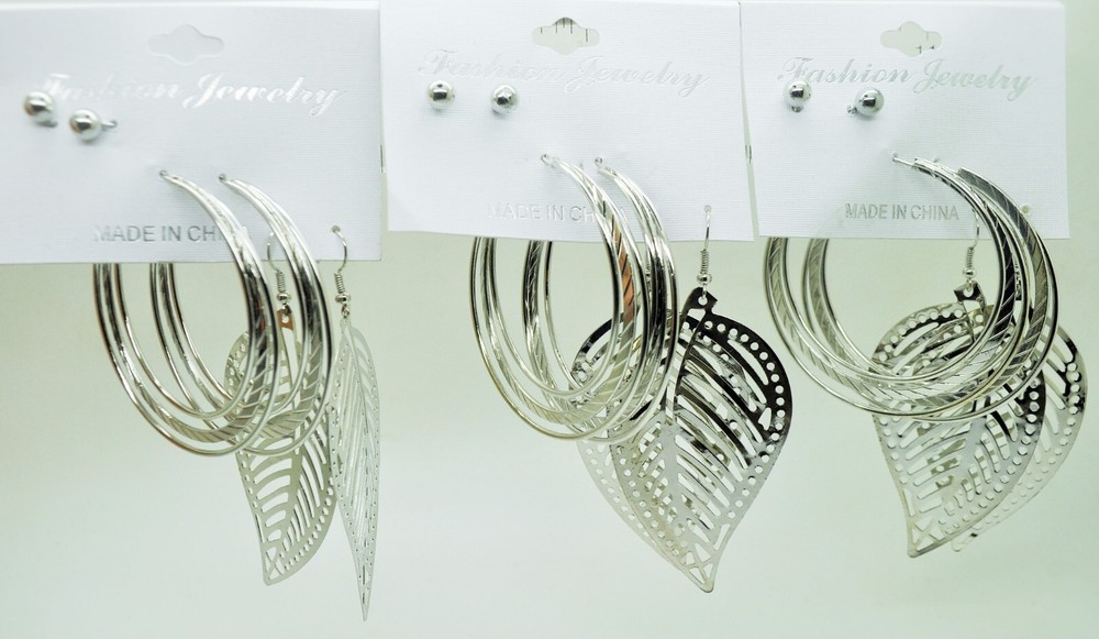 wholesale lot 9 Pairs/3 card Silver Tone hoop/dangle/round ball fashion earrings