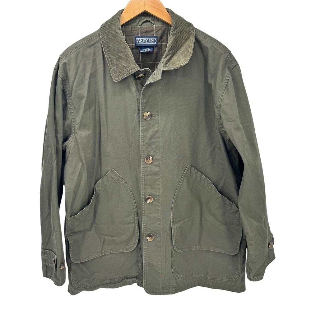Lands End Barn Coat Mens Large Green Button Up Corduroy Collar Utility Vintage