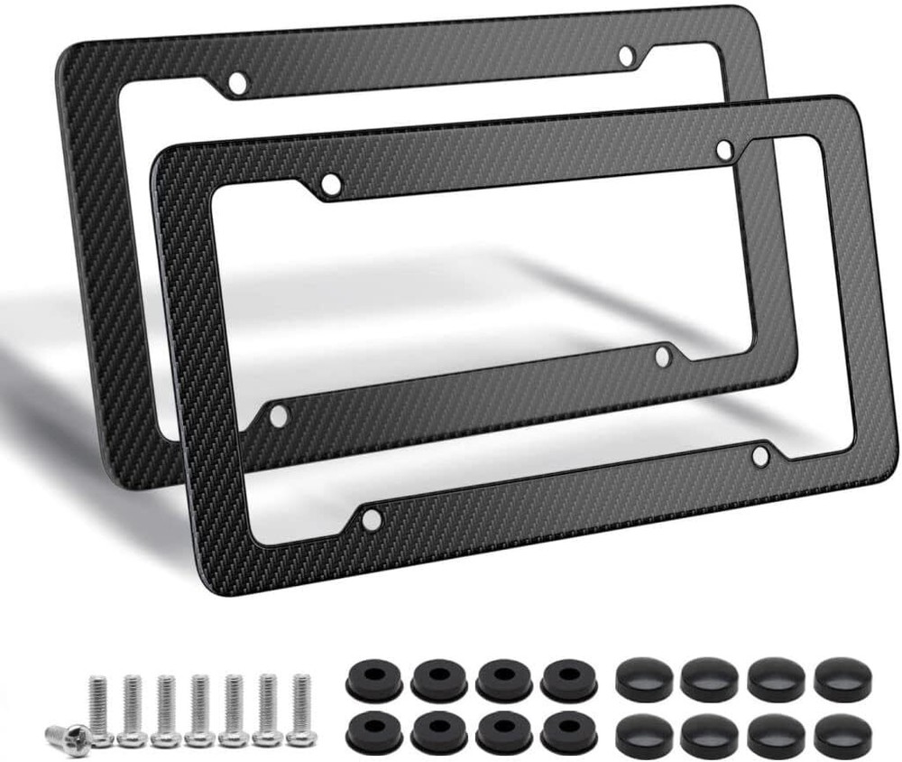 Black Carbon Fiber License Plate Frame, 2 Pack Glossy Waterproof fiber