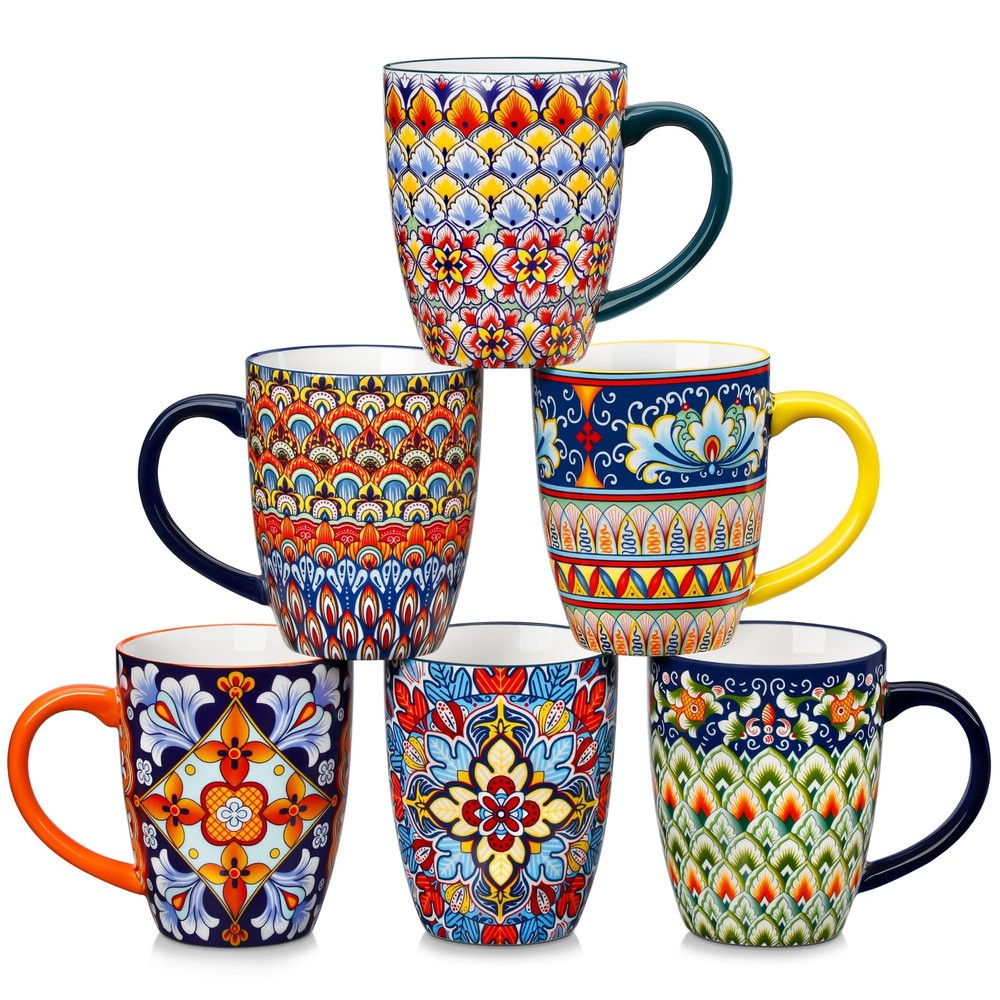 16 oz Coffee Mugs Set of 6, Large Ceramic Mug with Handle, Boho Coffee Cups f...