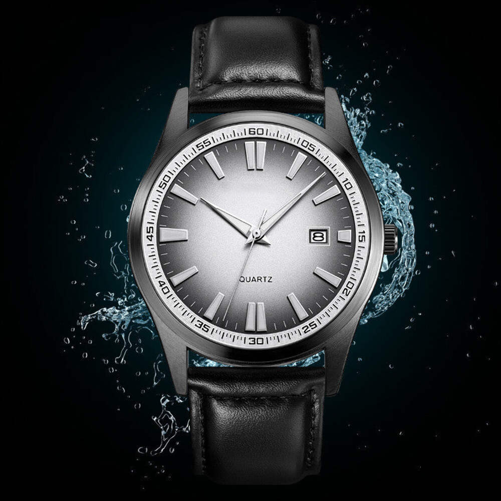 Men's Large Dial Quartz Watch with Genuine Leather Strap and Waterproof Design