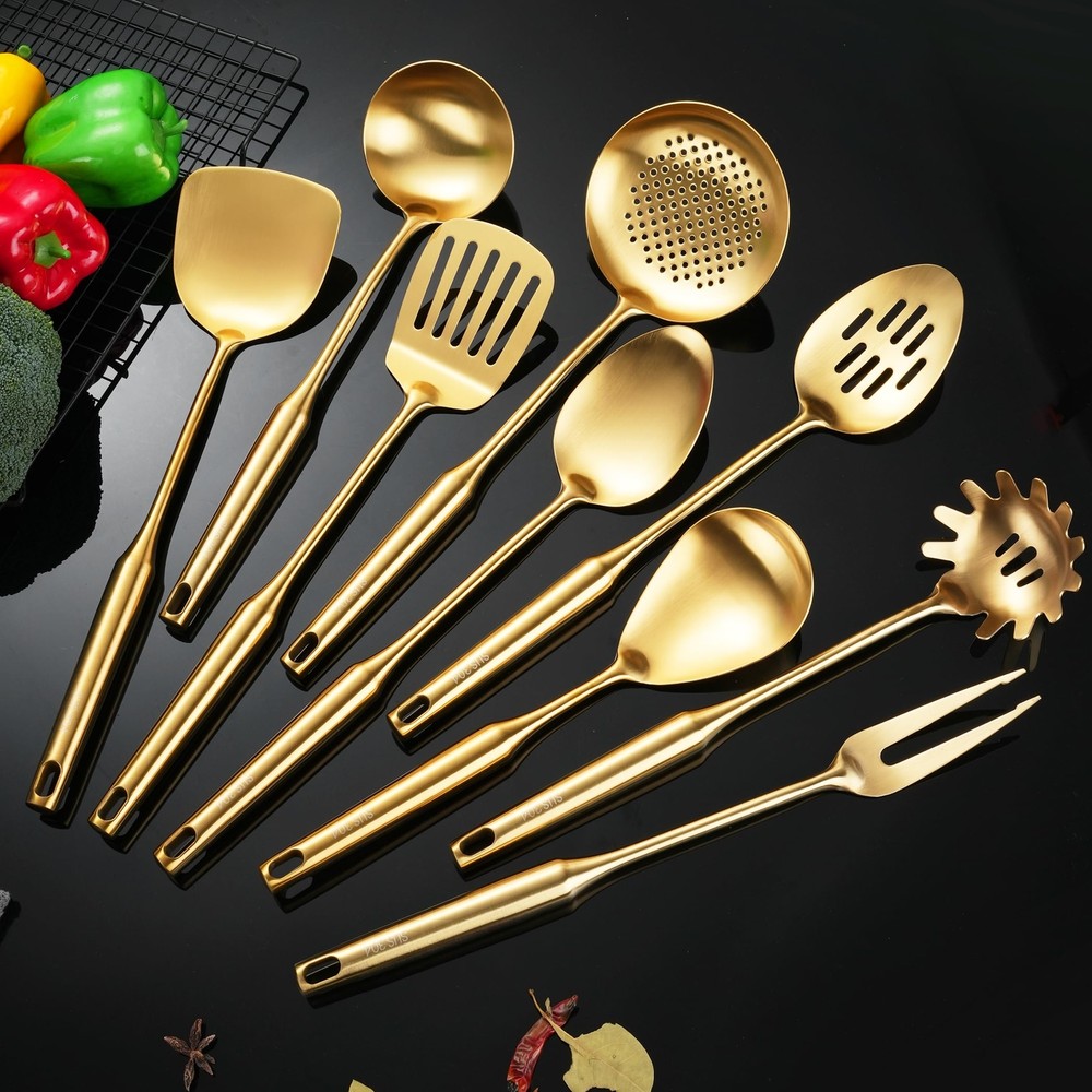 Gold Kitchen Utensils Set Stainless Steel, 9 PCS All Metal Cooking Utensils S...