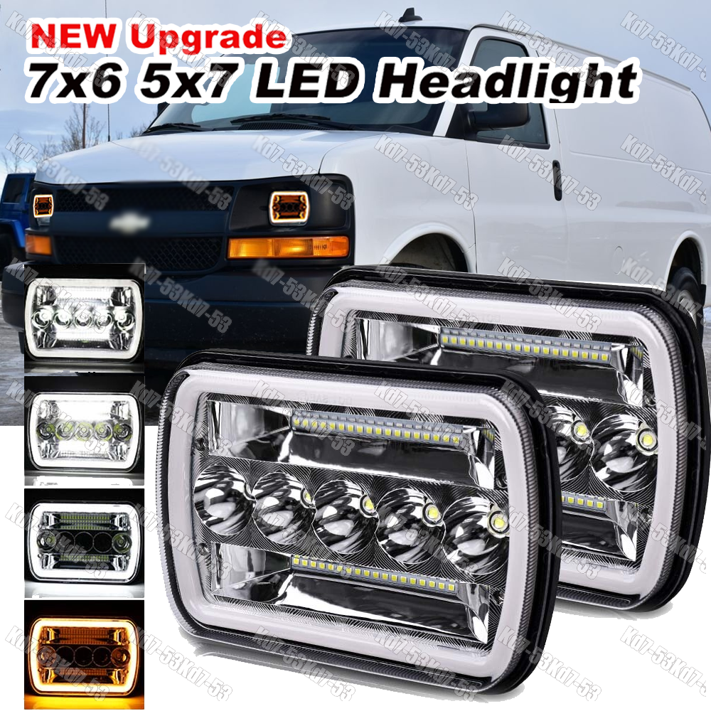 2x  For Chevy Express Cargo Van 1500 2500 3500 7x6 5x7 LED Headlights Hi/Lo DRL