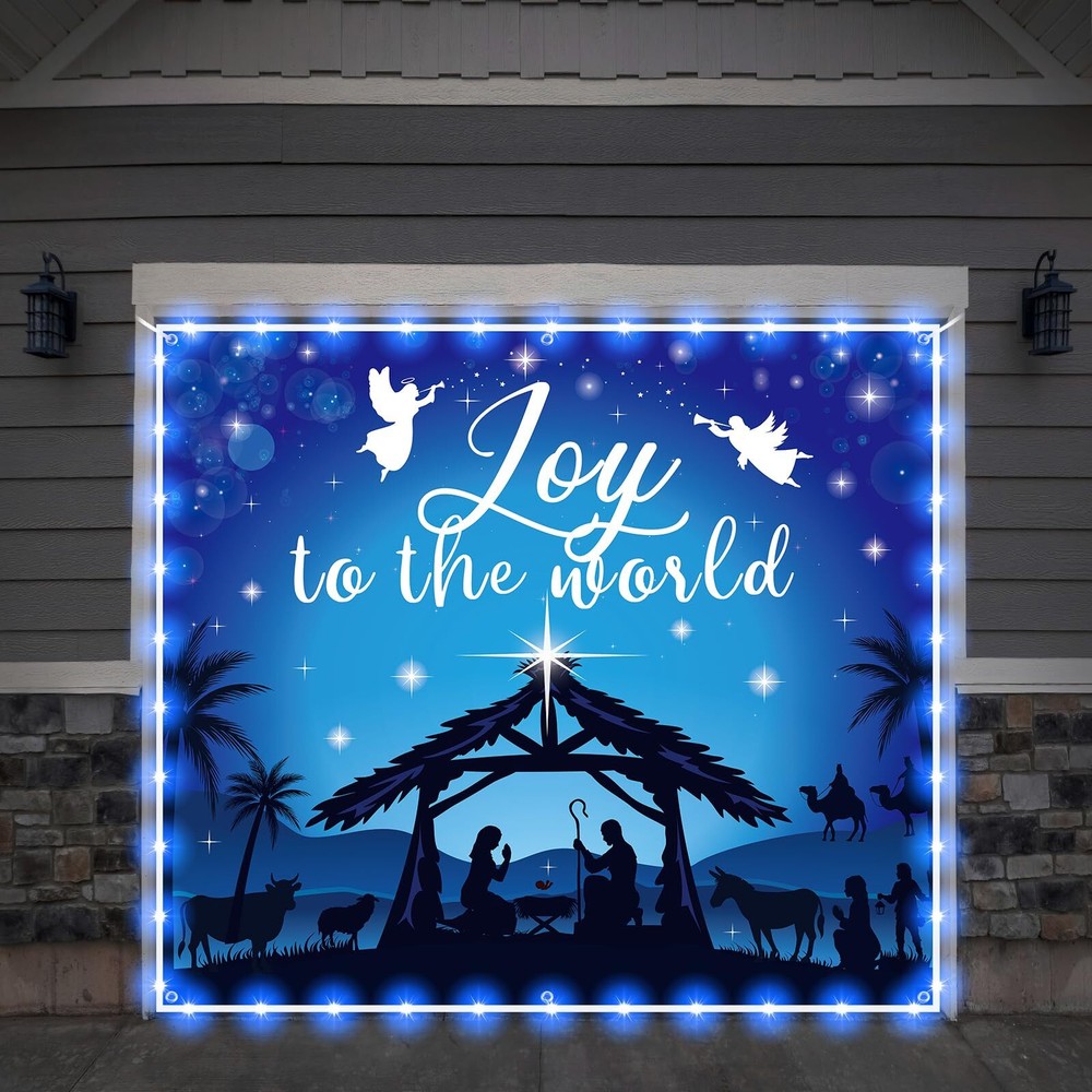 Christmas Nativity Garage Door Cover Decorations with LED String Lights 7x8 Ft
