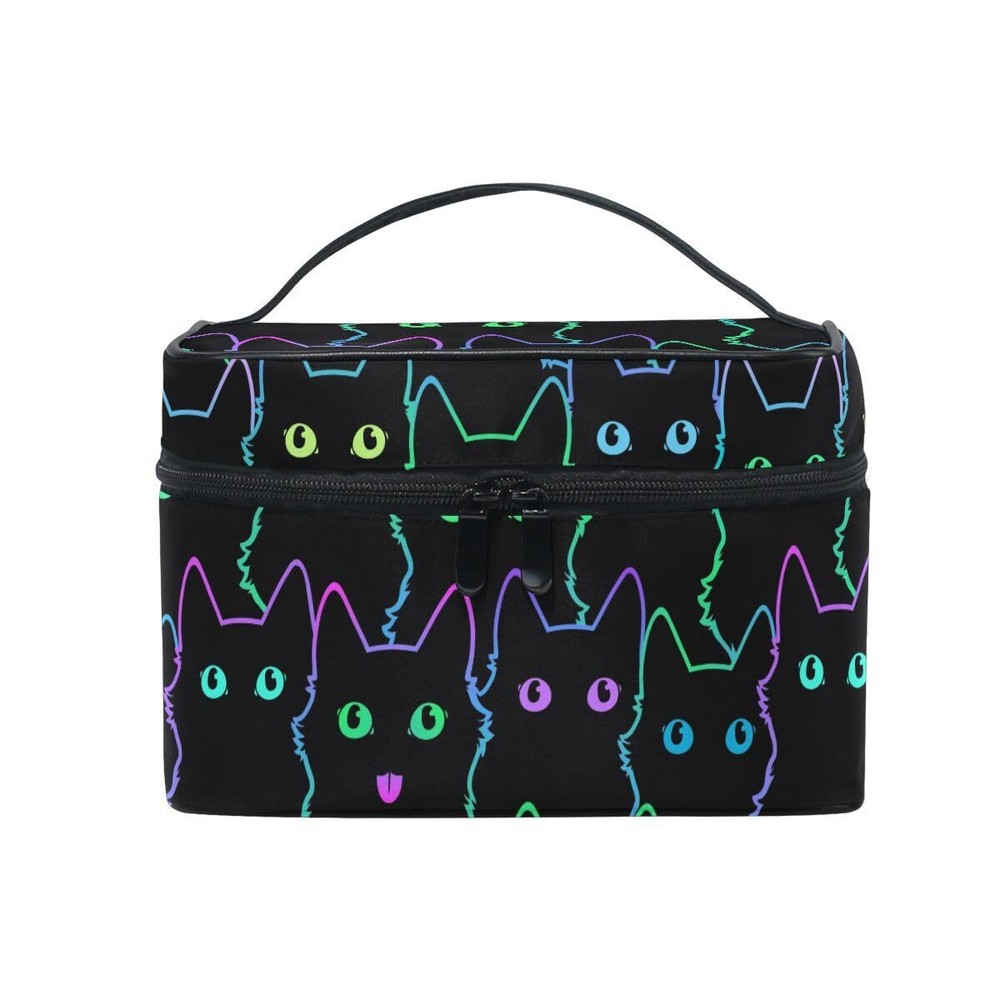 Neon Cat Cosmetic Travel Makeup Organizer Bag Portable Train Case