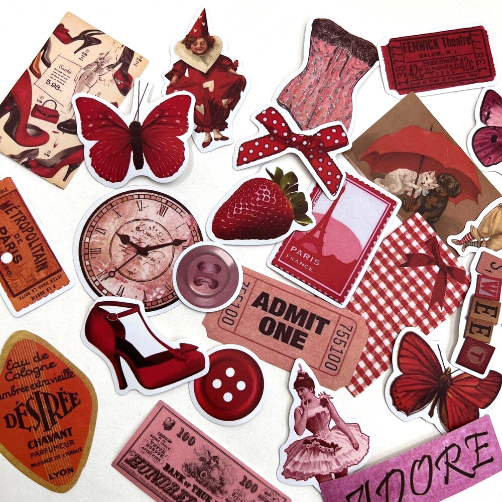 Vintage Style Red Stickers Valentine's Scrapbooking Junk Journals Collage Cards