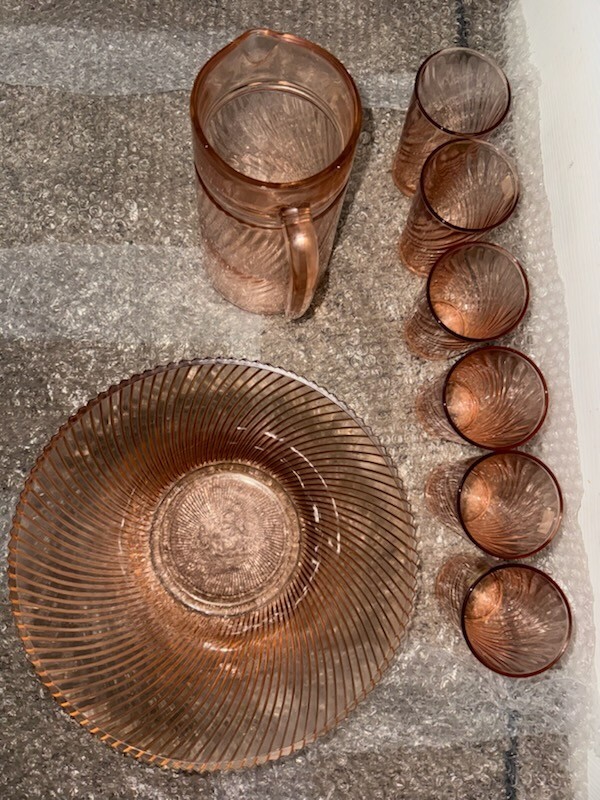 Vintage Pink glass swirled punch bowl set. TOUGHENED Glass HEAT Resisting