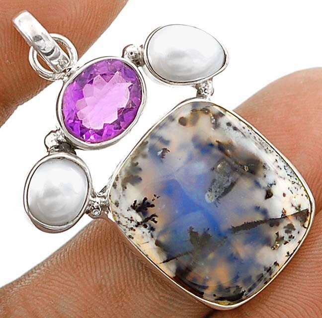 Natural Winter Dendrite Opal Turkey & Pearl 925 Sterling Silver Pendant @B7-1