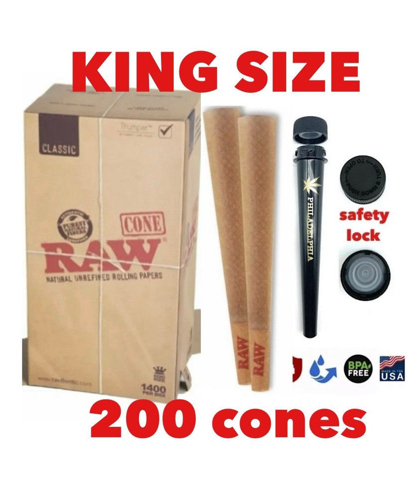 RAW classic king size pre rolled cone with tip (200 pack)+safety lock tube