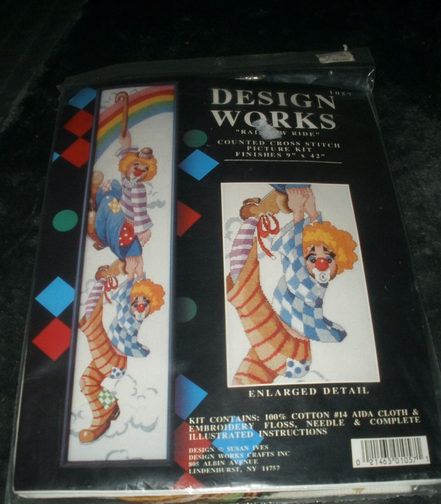 Vintage Clown Circus Cross Stitch Kit Rainbow Ride 9x42 New In Package