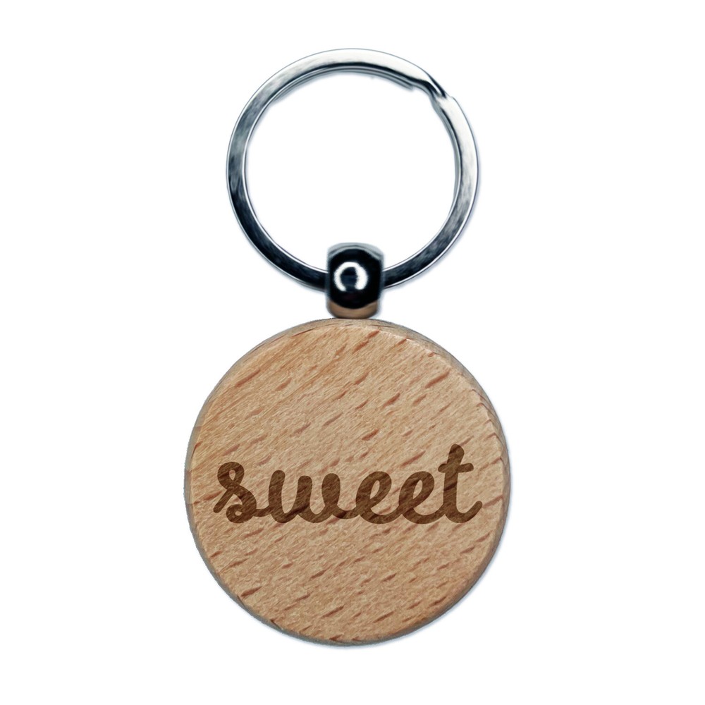 Sweet Text Cursive Engraved Wood Round Keychain Tag Charm