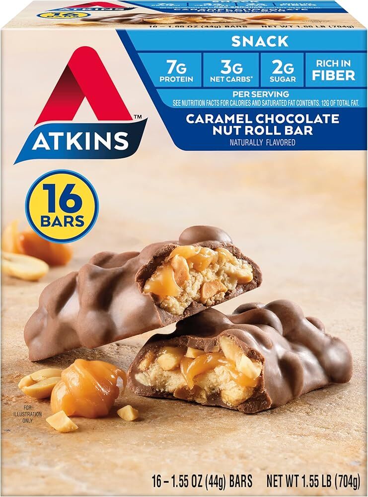 Atkins Caramel Chocolate Nut Roll Snack Bar, Protein Snack, High in Fiber, 2g...