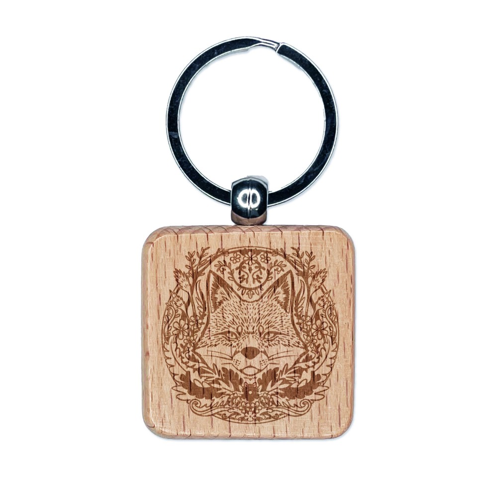 Sly Fox Hiding in Floral Wreath Engraved Wood Square Keychain Tag Charm
