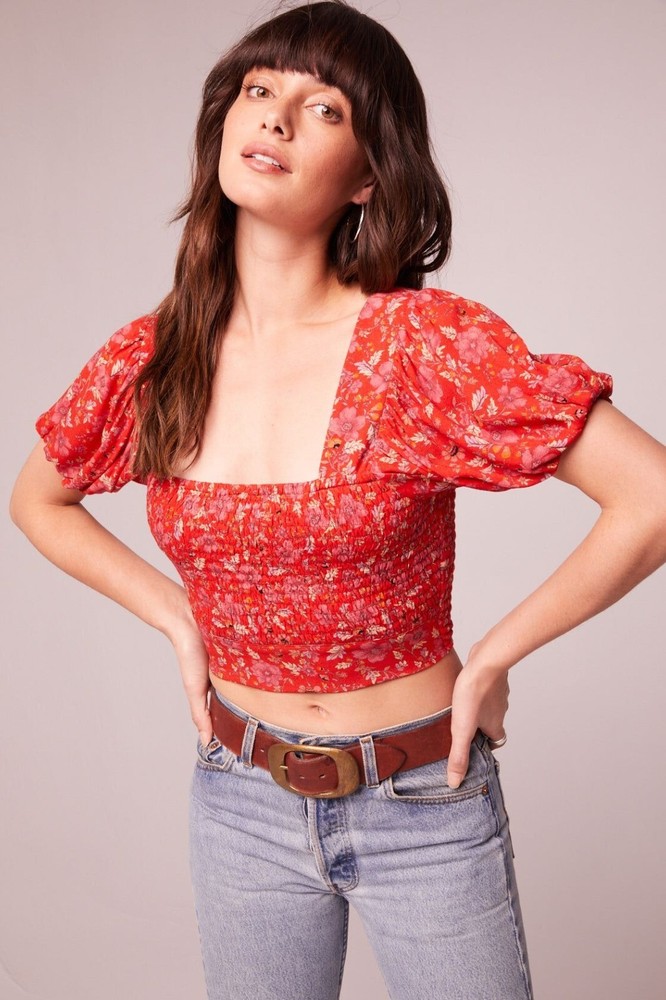 Band Of The Free Joelle Crimson Floral Smocked Top Women's S Boho Bohemian Gypsy