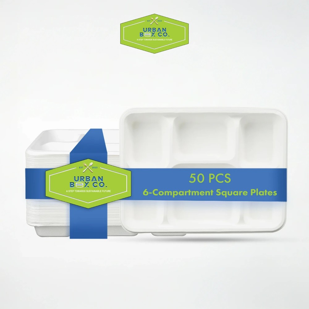 Urban Box Co 6-Compartment Heavy-Duty Meal Trays 50 Pack Unique Design Plates