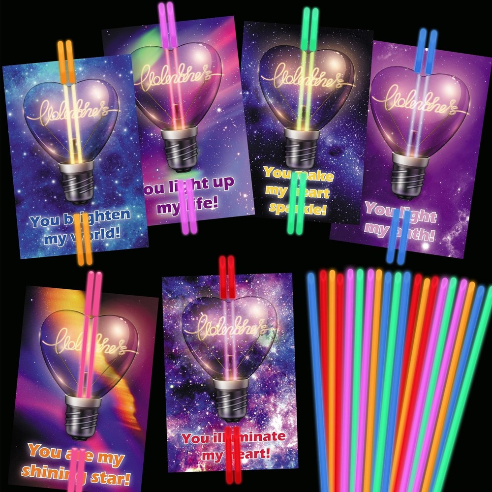Valentines Day Cards for Kids with 50 Glow Sticks and 24 Pcs  