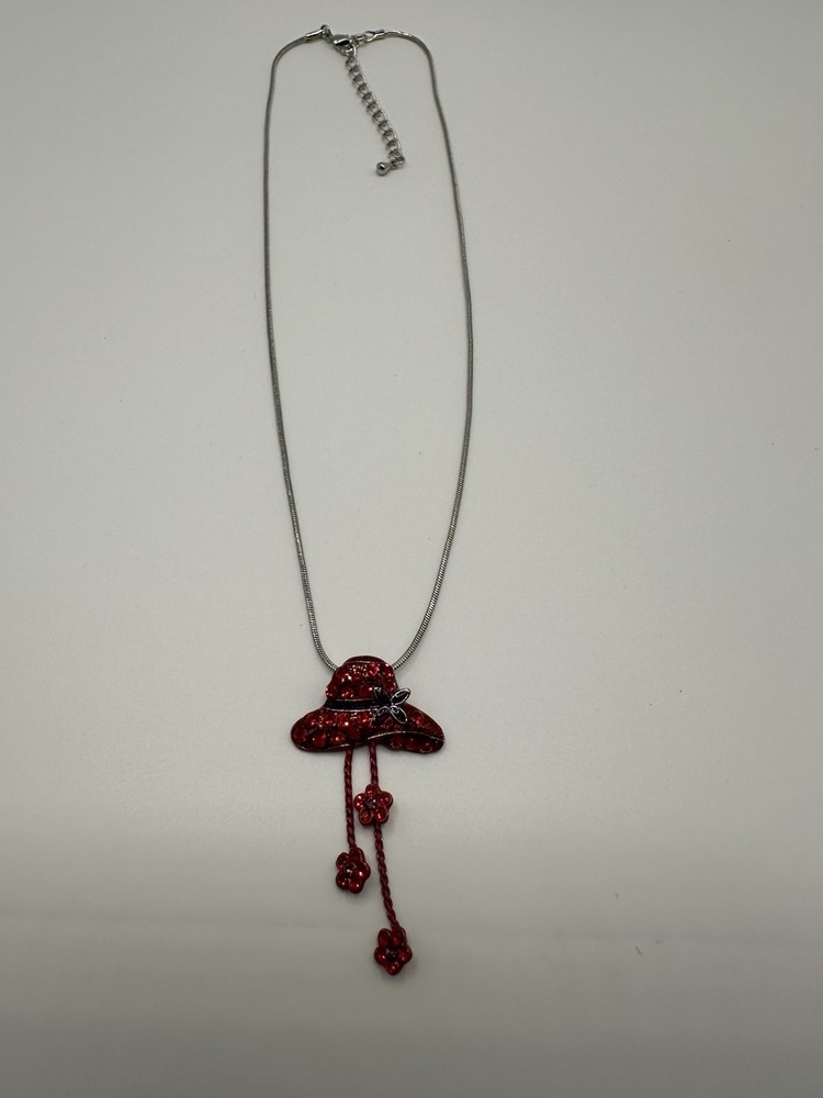Vintage Red Hat Society Pendant Necklace with Rhinestone Accents Silver Tone 16”