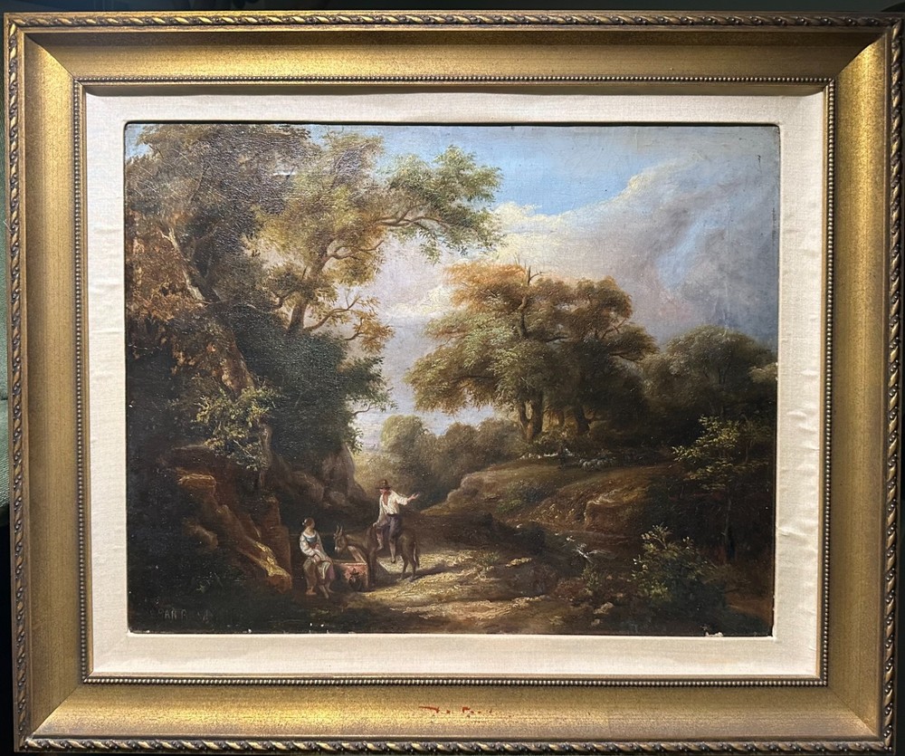 Antique 19th-Century European Oil Painting Landscape on Wooded Path Framed