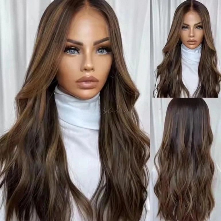 Dark Brown with Honey Streaks Wavy Wigs 13x4 Lace Front Wigs 100% Human Hair