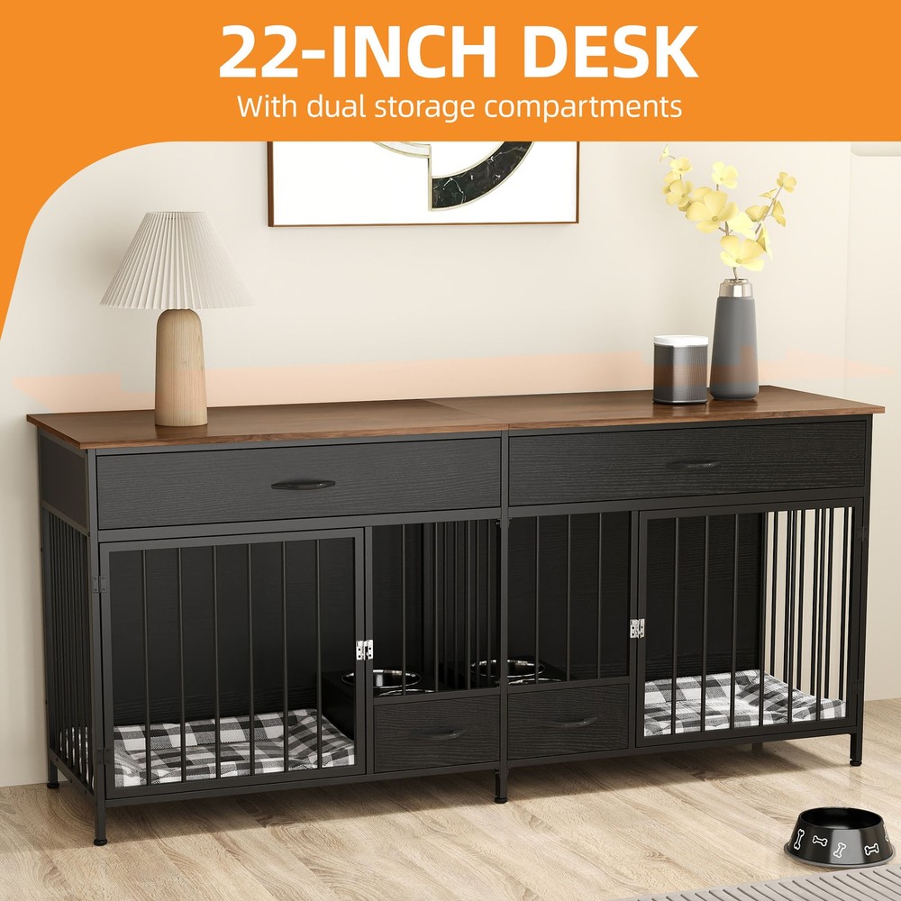 Double Dog Crate Furniture with Feeder 74.8 Inch Indoor Kennel for Large Breeds-image