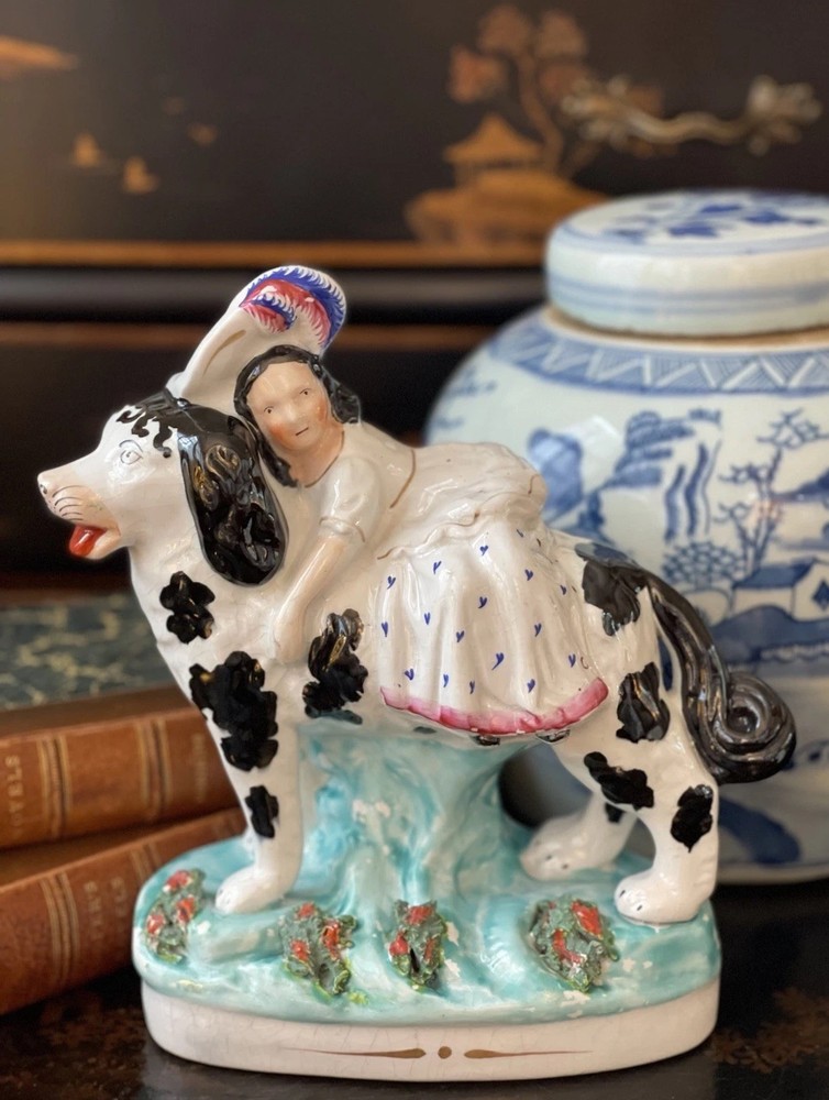 Rare Large 19C English Staffordshire Giant Disraeli Spaniel Dog Noble Girl 9.25”
