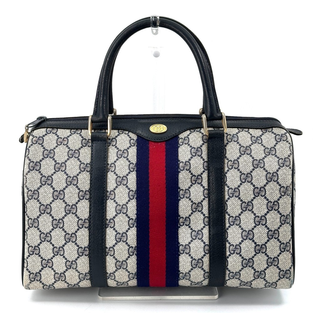 Vintage Gucci GG Supreme Mini Boston Bag in Navy PVC Leather Sherry Line