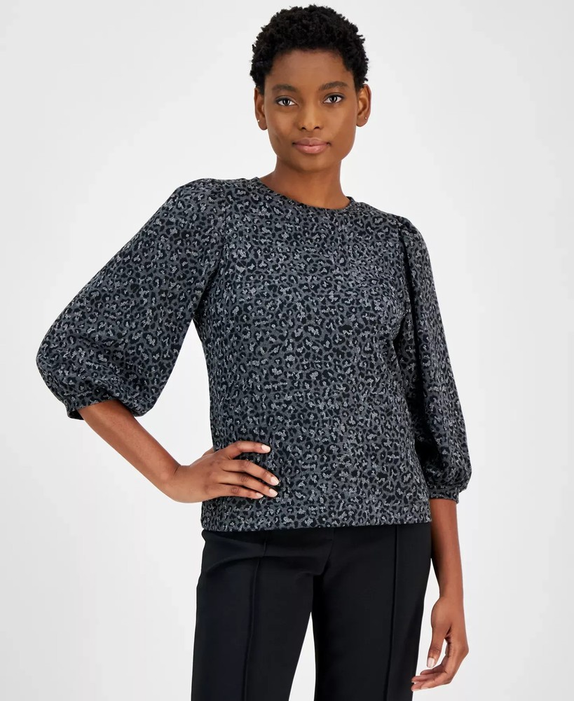 Anne Klein Women's Top Sz L Ann Leopard-Print Jacquard