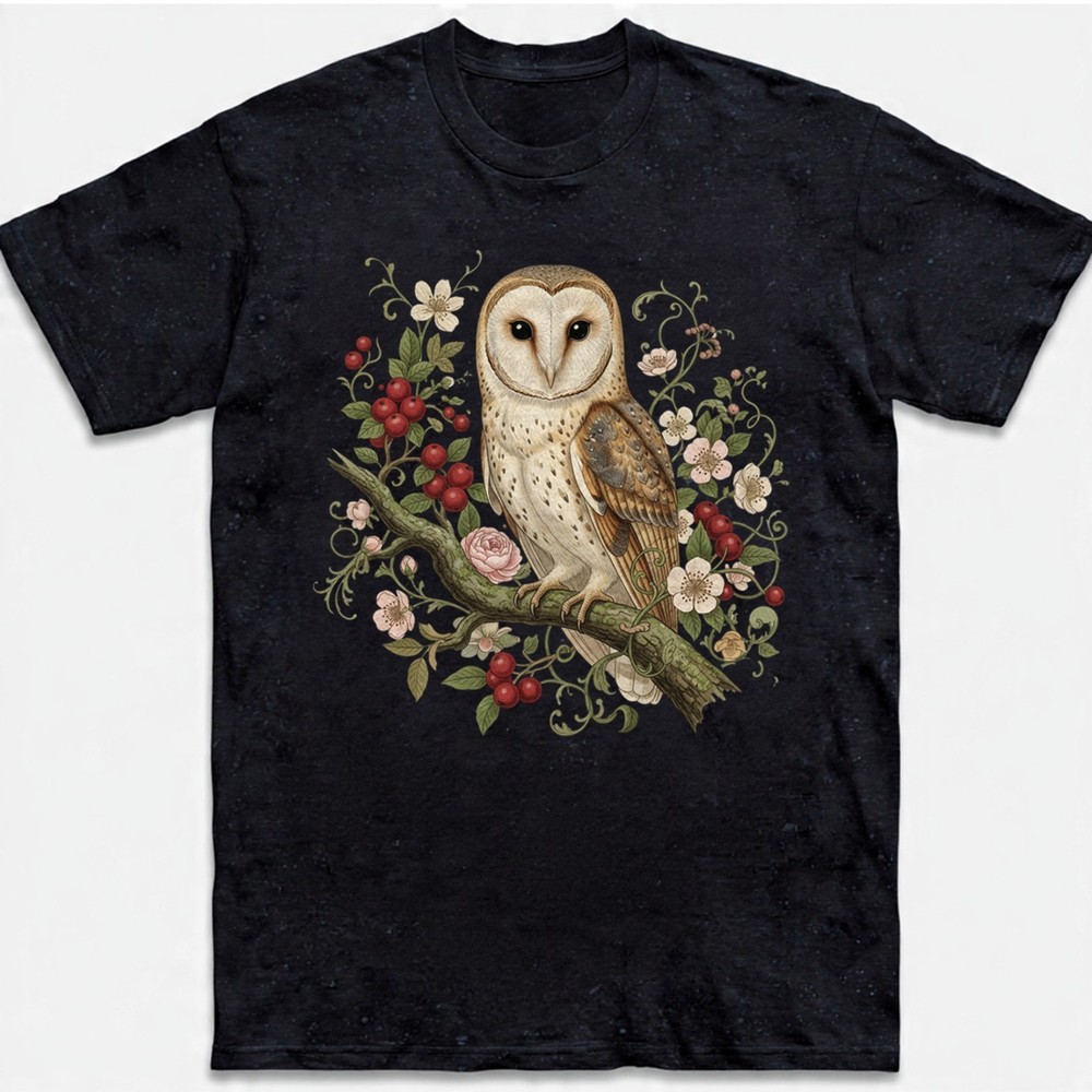 Barn Owl T-Shirt Vintage Floral Botanical Art Cottagecore Bird Lover Nature Tee
