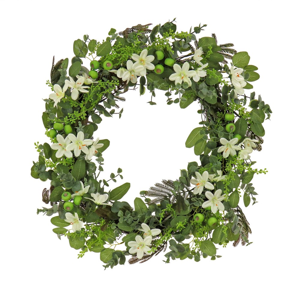24-Inch Artificial Spring Wreath with Mixed Flowers & Flowing Greenery