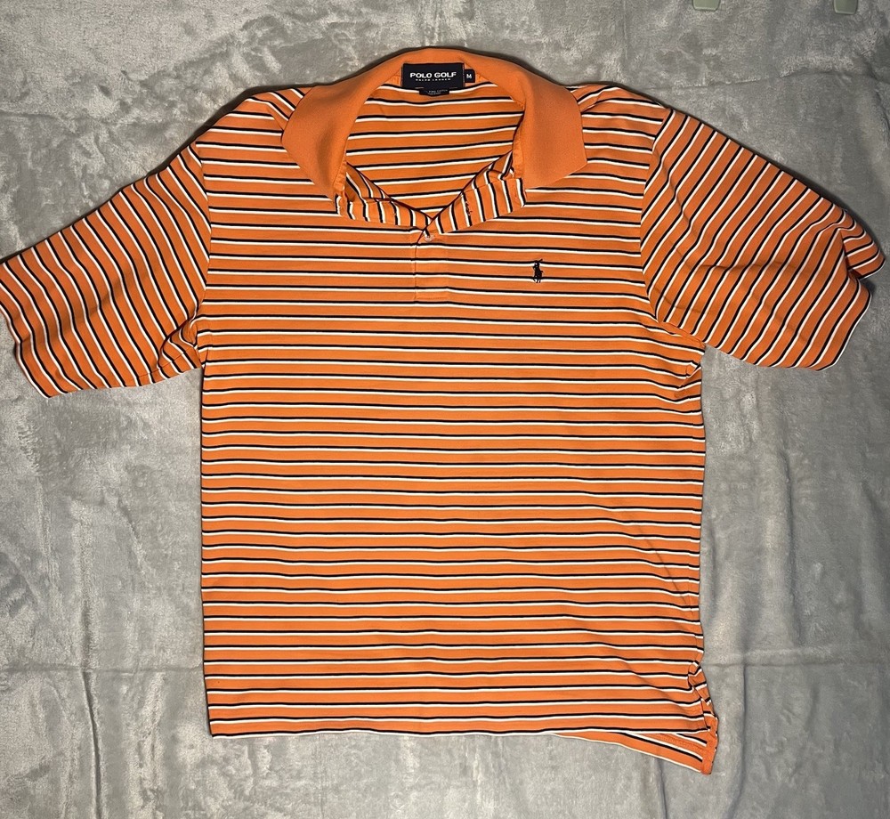 Ralph Lauren Polo Shirt Mens  M Medium Orange Striped Pony Casual Short Sleeve