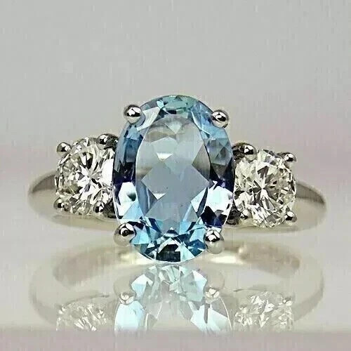 3.54 Ct Oval Cut Aquamarine & Diamond Wedding Ring 14K White Gold