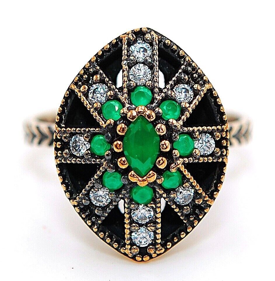Vintage Ottoman Empire 1CT Emerald Sterling Silver Ring Size 8  