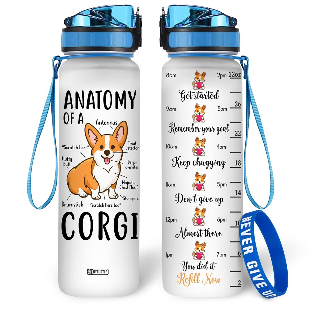 Corgi Water Bottle - 32 Oz 1Liter Motivational Bottle With Time Marker, Anato...