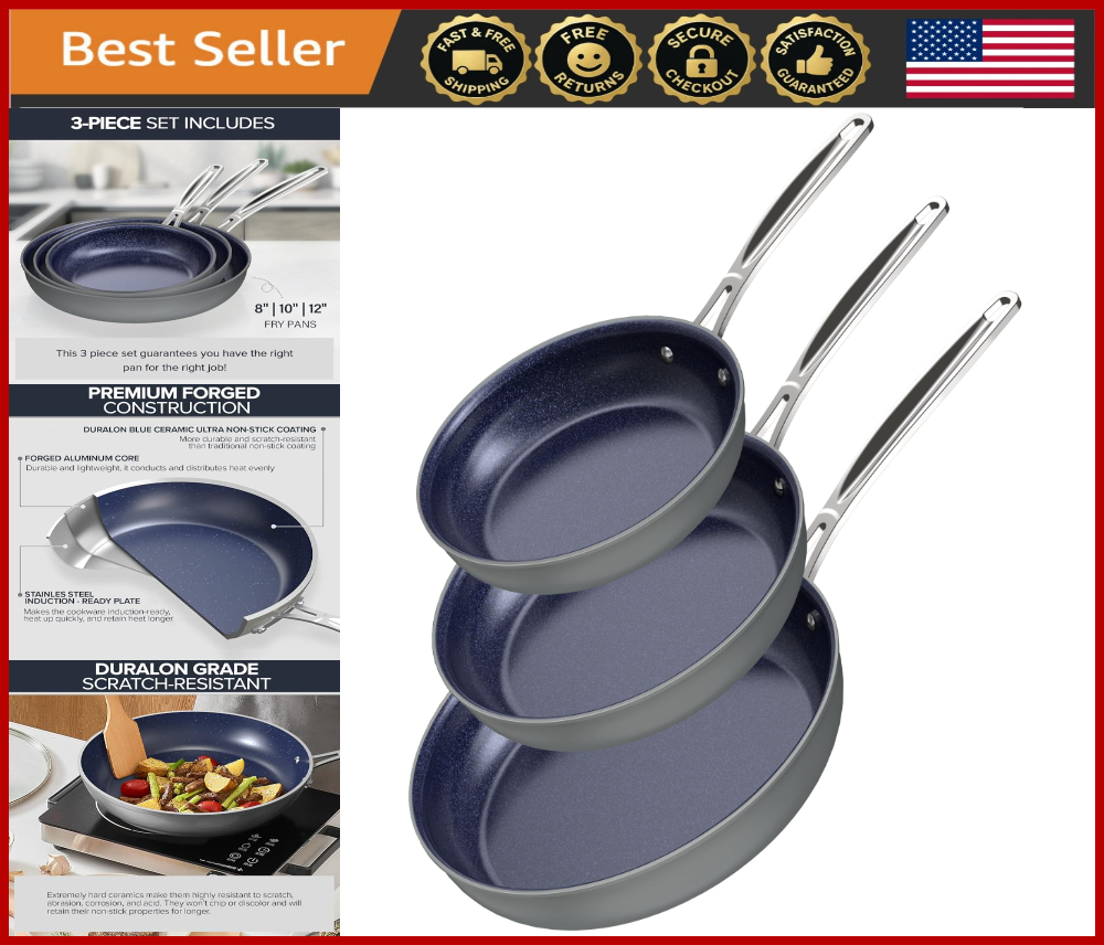 3-Piece Ceramic Non-Stick Frying Pan Set for Induction Cooktops - 8, 10, 12 Inch