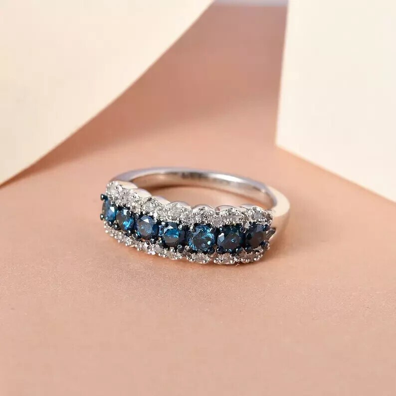 14K White Gold Plated In 2Ct Round Simulated London Blue Topaz Wedding Band Ring