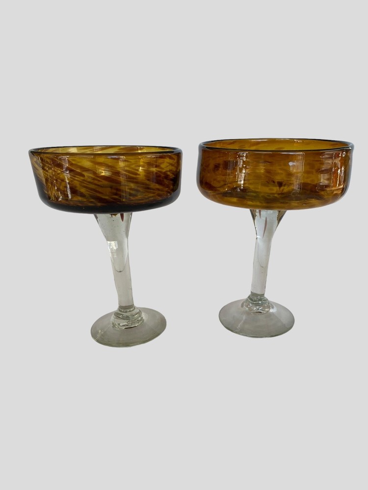 Hand Blown Tortoise Shell Amber Margarita Glasses Set of 2 Heavy 7-Inch Tall