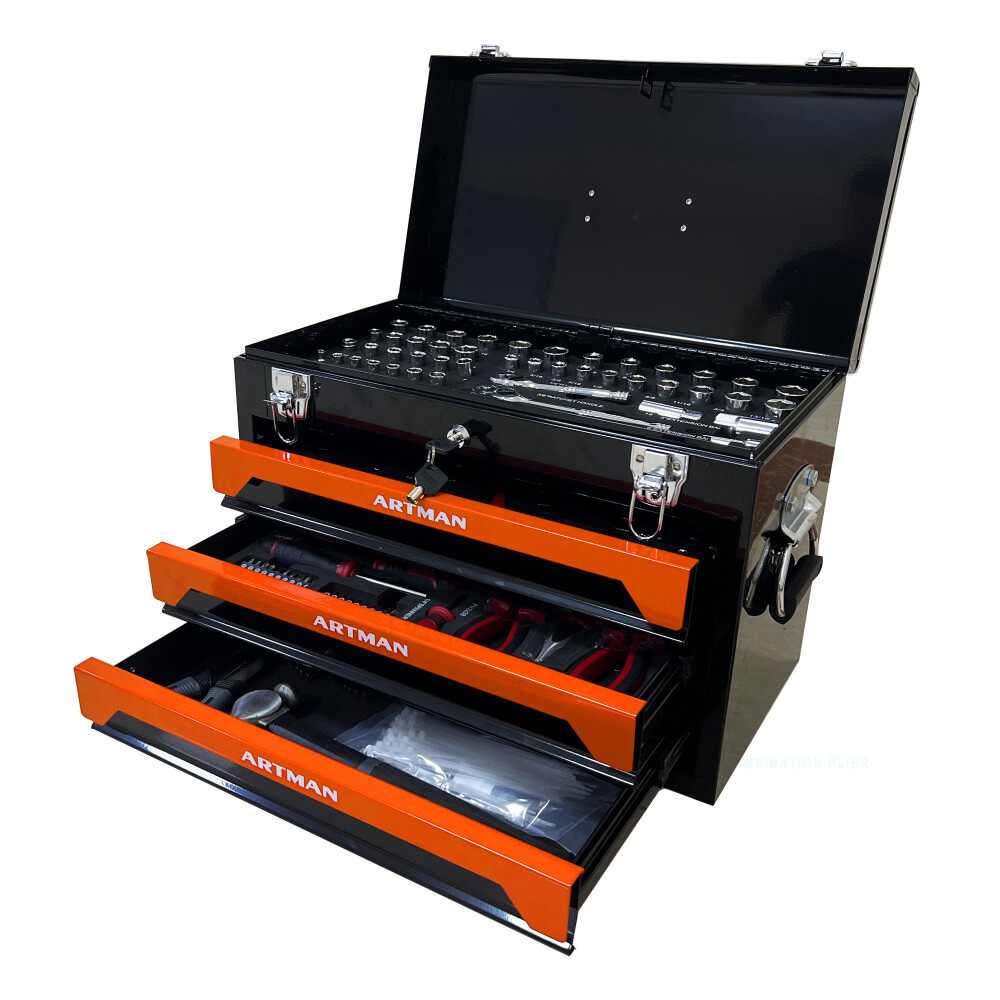 20 Inch Portable Steel Toolbox with 3 Ball-Bearing Drawers & Top Tray