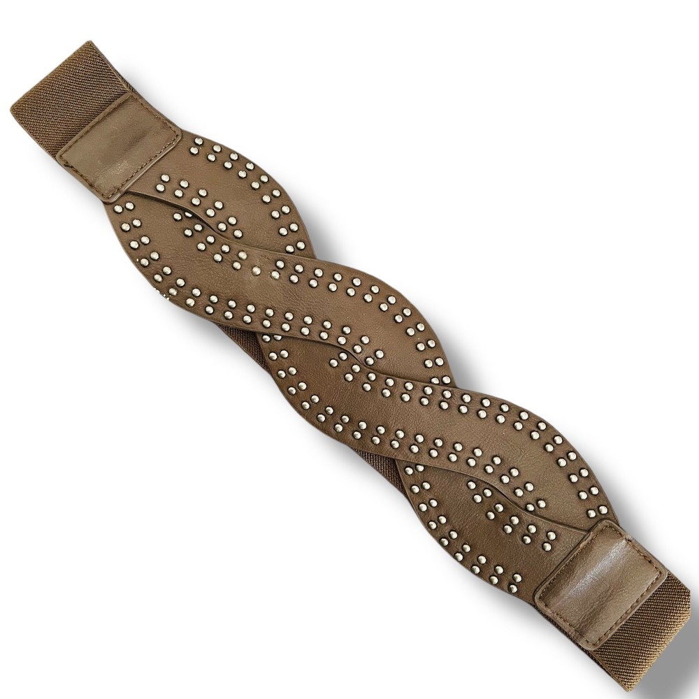 Women's Brown Vegan Faux Leather Studded Braided Belt M/L 30-32 Inch Waist