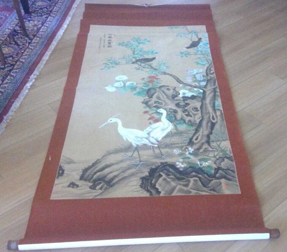 Vintage Signed Chinese Gui White Heron Scroll Wall Hanging Painting