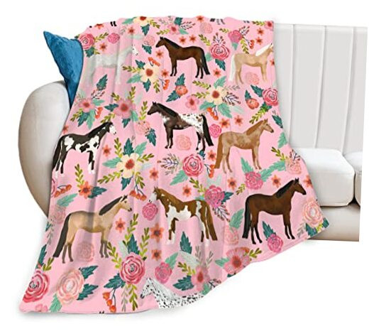 Horse Blanket Gifts for Girls Women Cute Horses Flowers Flannel Fleece Throw