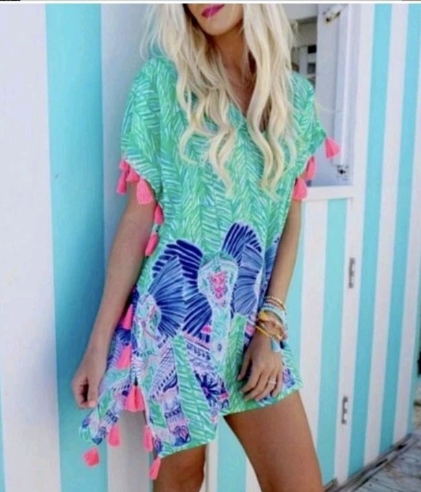 $128 LILLY PULITZER Swimsuit Cover Up XXS Castillo Elephant Print Beach Tunic