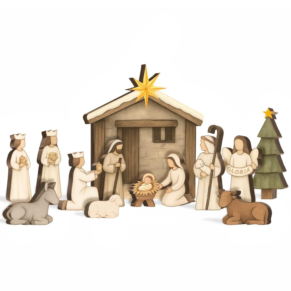Wooden Nativity Set, Wood Christmas Nativity Scene Set, Miniature Holy Family...