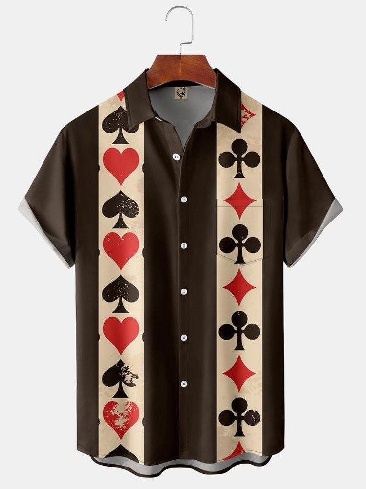 Mens Poker Print Front Buttons Soft Breathable Chest Pocket Casual Bowling Shirt