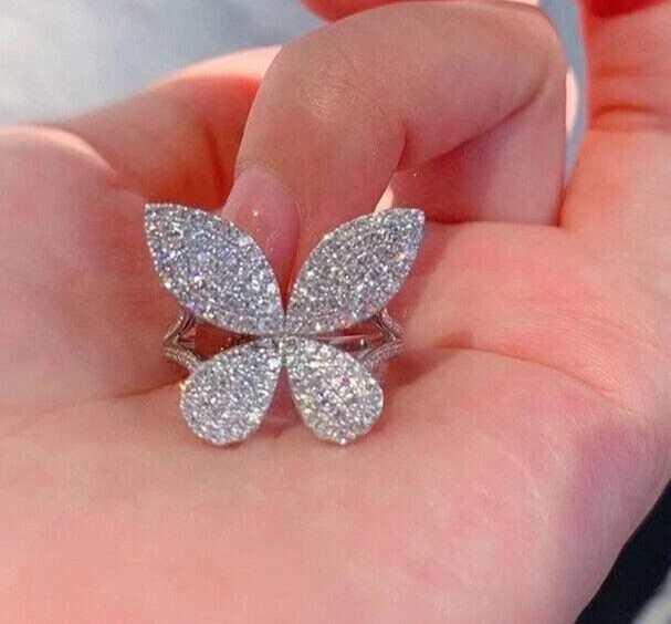 Butterfly Split Shank Ring 14k White Gold Plated 2Ct Round Cut Simulated Diamond