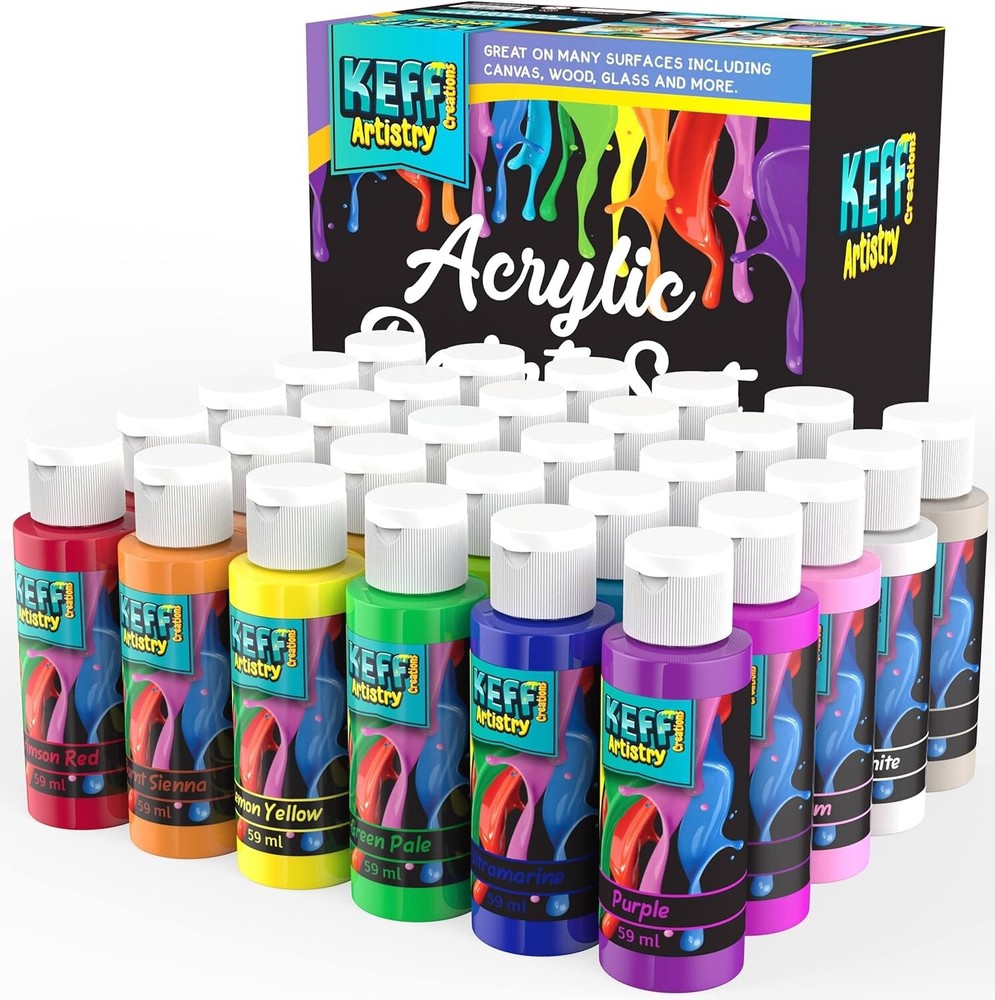 Acrylic Paint Set - 30 Color Bottles 2oz - Water-Based Creamy Matte Finish