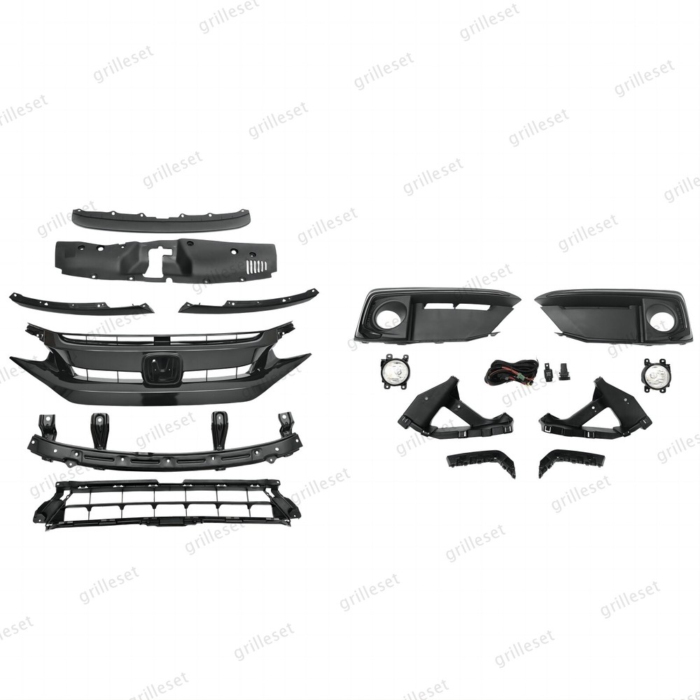 For Civic 2019-2021 15PC Grille Set with Mesh, Fog Light Bezel & Bumper Brackets